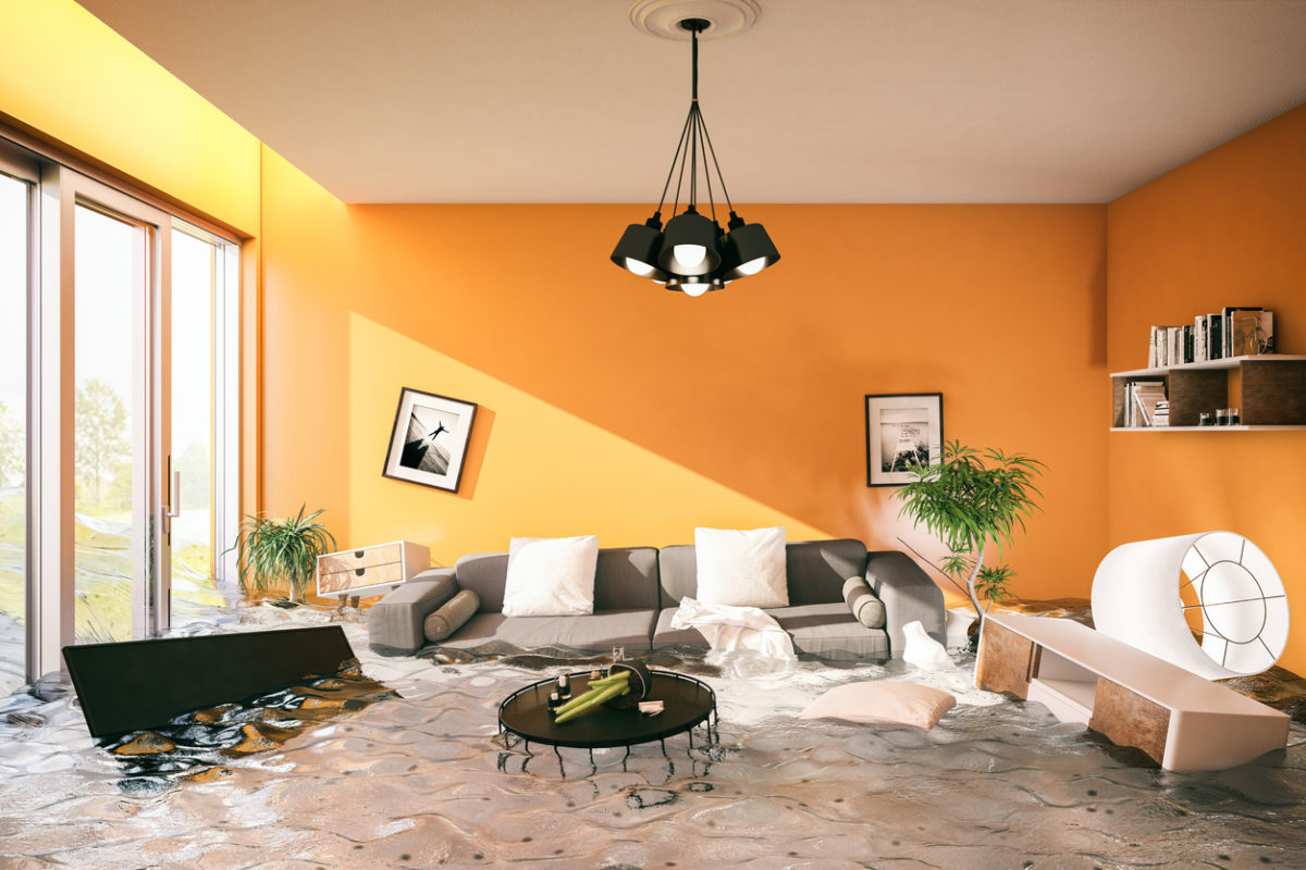 Water damager after flooding in house with furniture floating